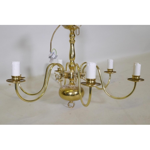 1091 - A Dutch style brass five branch ceiling lamp, 44cm drop