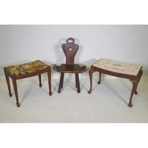 1095 - An elm birthing chair, together with two mahogany piano stools