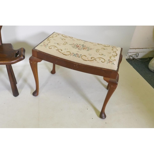 1095 - An elm birthing chair, together with two mahogany piano stools