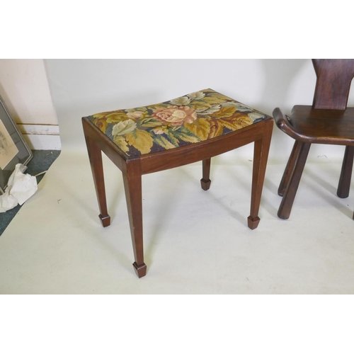 1095 - An elm birthing chair, together with two mahogany piano stools