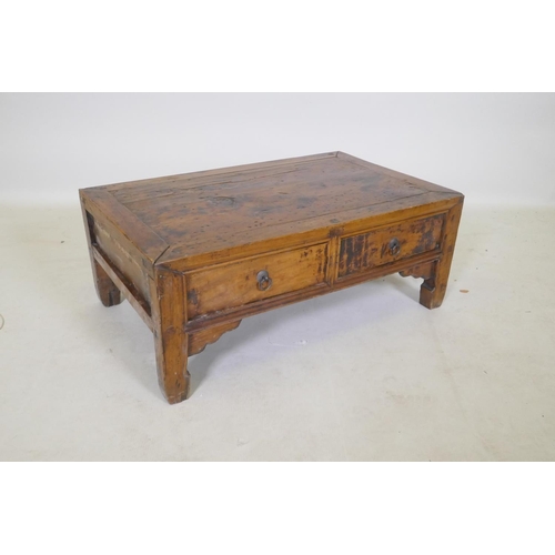 1096 - An antique Chinese elm opium table with two drawers, 65 x 40cm, 25cm high