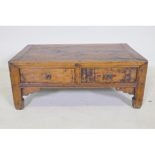 1096 - An antique Chinese elm opium table with two drawers, 65 x 40cm, 25cm high