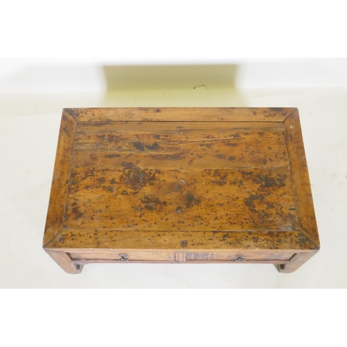 1096 - An antique Chinese elm opium table with two drawers, 65 x 40cm, 25cm high