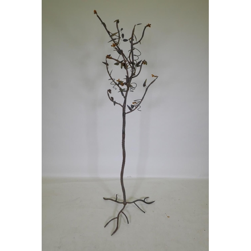 1102 - A wrought iron tree with amber glass blossoms, 156cm high