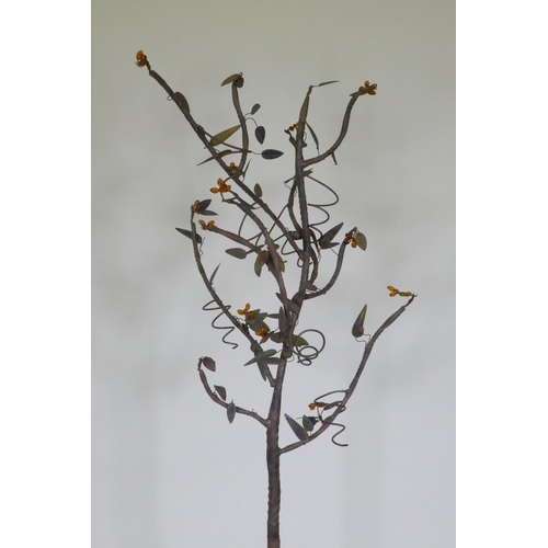 1102 - A wrought iron tree with amber glass blossoms, 156cm high