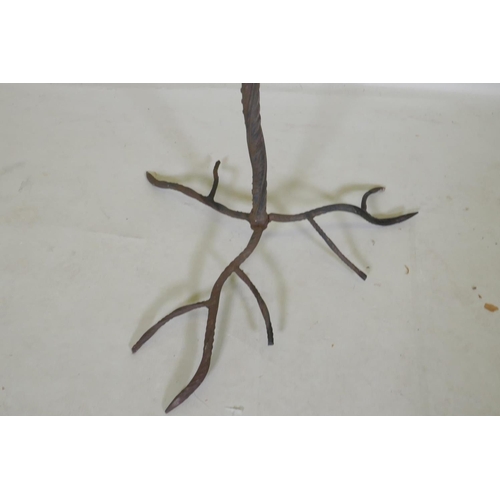 1102 - A wrought iron tree with amber glass blossoms, 156cm high