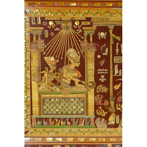 129 - An Egyptian mother of pearl inlaid panel depicting ancient Egyptian scenes, circa mid C20th, minor l... 