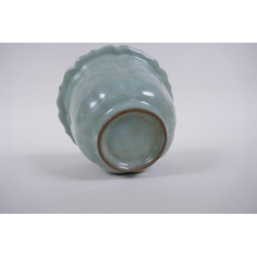 133 - A Chinese Ru ware style celadon crackle glazed bowl with lobed rim, 10cm high x 15cm diameter