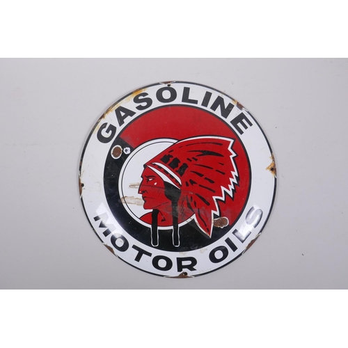 144 - A vintage style Red Indian Gasoline Motor Oils enamel advertising sign, 29cm diameter