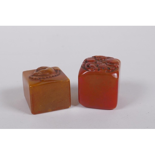 148 - A Chinese amber soapstone seal with Buddha head decoration, and another similar, 3 x 3cm
