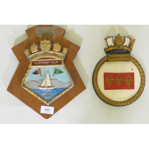 151 - A Lipton Cup painted metal sailing trophy, mounted on a wood plaqye, 29cm high, and a ship's plaque,... 