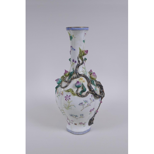 158 - A famille rose porcelain vase with applied peach tree decoration, Chinese Qianlong seal mark to base... 