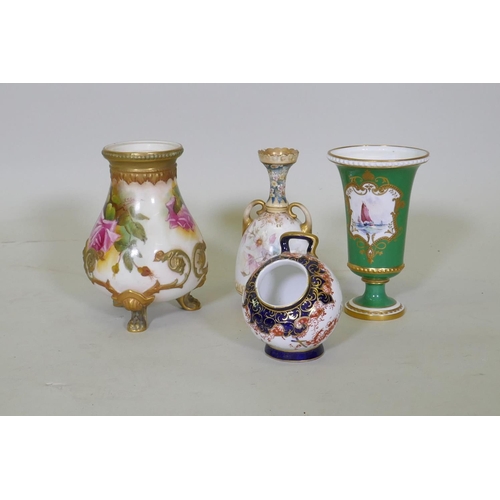 161 - A Royal Crown Derby porcelain vase with gilt highlights on a green ground and hand painted vignette ... 