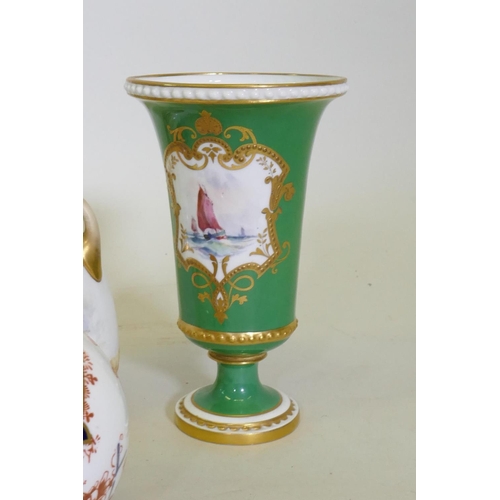 161 - A Royal Crown Derby porcelain vase with gilt highlights on a green ground and hand painted vignette ... 