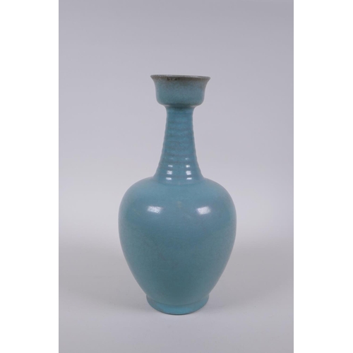 166 - A Chinese Ru ware style porcelain vase with ribbed neck, 28cm high