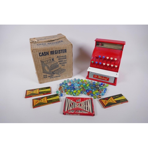 167 - A vintage St Michael tin plate toy cash register in original box, and a Retro Vista-Screen viewer wi... 