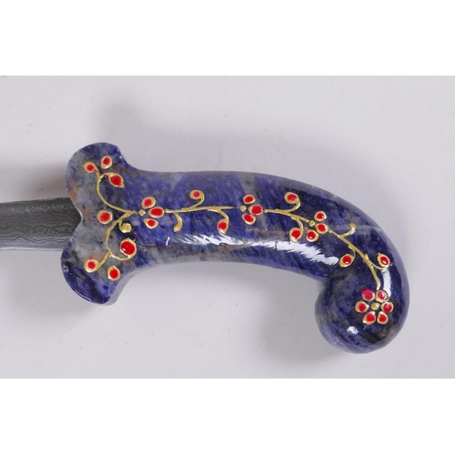 172 - A Murghal style marble blue hardstone handled dagger with gilt and enamel decoration, 26cm long