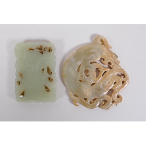 176 - A Chinese carved and pierced celadon jade pendant with figural decoration, and another pendant with ... 