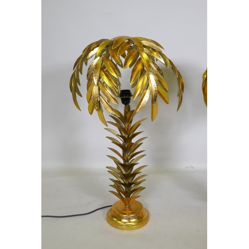 184 - A pair of gilt metal table lamps in the form of palm trees, 72cm high