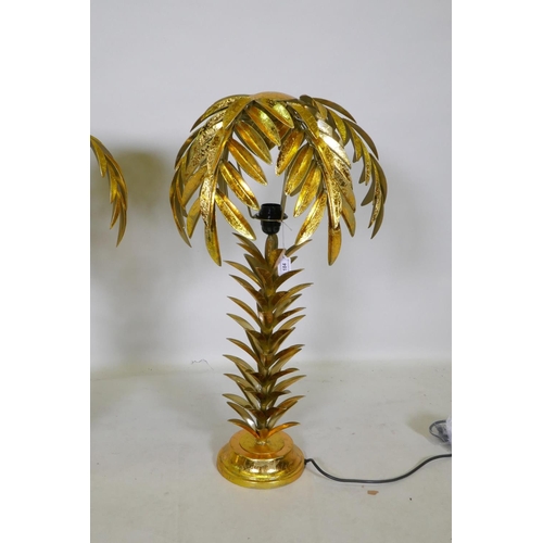 184 - A pair of gilt metal table lamps in the form of palm trees, 72cm high