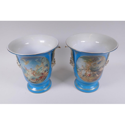 191 - A pair of Sevres style porcelain two handled vases decorated with classical paintings, 25cm high, 22... 