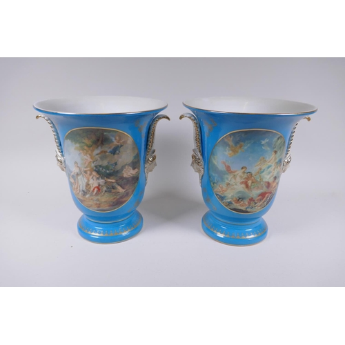 191 - A pair of Sevres style porcelain two handled vases decorated with classical paintings, 25cm high, 22... 