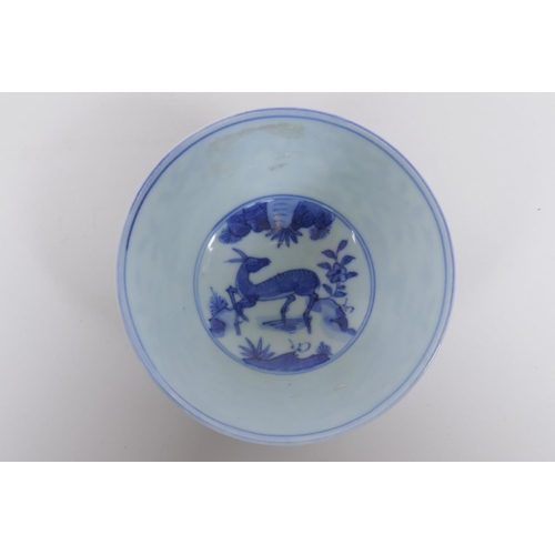 196 - A blue and white porcelain rice bowl decorated with animals and a peach tree, Chinese Jia Jing 6 cha... 