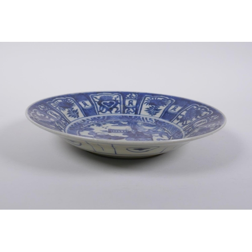 200 - A C19th Chinese blue and white porcelain export ware dish decorated with a figure in a landscape, 22... 