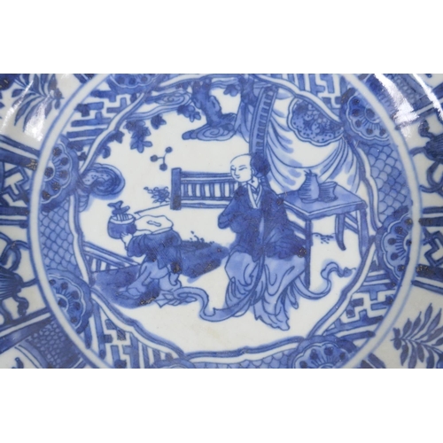 200 - A C19th Chinese blue and white porcelain export ware dish decorated with a figure in a landscape, 22... 
