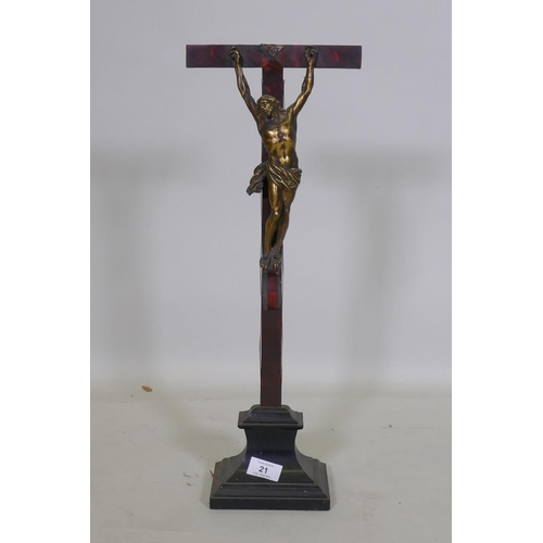 21 - A C19th French ormolu brass Corpus Christi, mounted on a wood base, crucifix AF, 53cm high