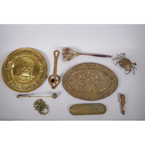 227 - A collection of C19th and C20th brass items, including a pen tray, alms dishes, candle snuffer, nut ... 