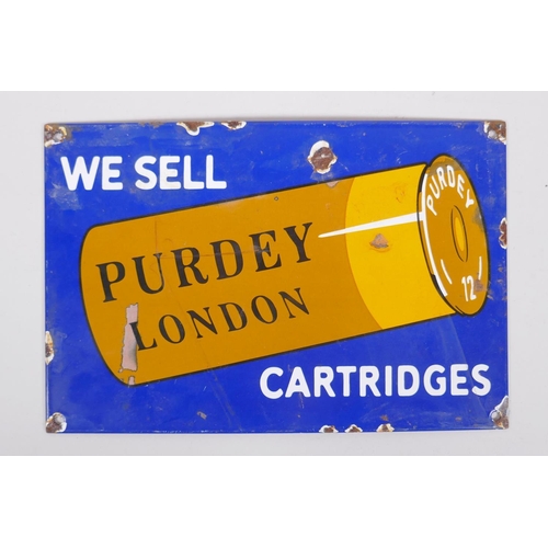 229 - A vintage style Purdy Cartridges enamel advertising sign, 30 x 20cm