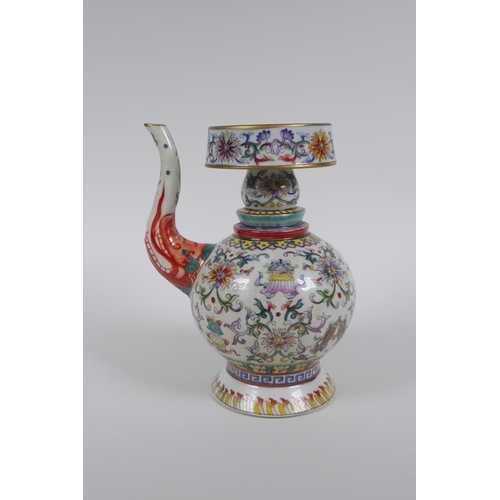 236 - A Chinese polychrome porcelain teapot and cover decorated with the eight Buddhist treasures and lotu... 