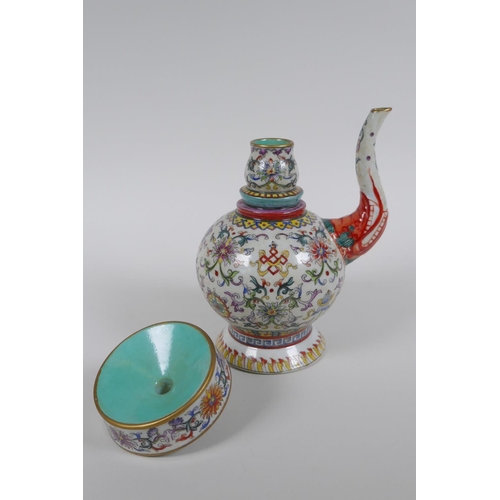 236 - A Chinese polychrome porcelain teapot and cover decorated with the eight Buddhist treasures and lotu... 