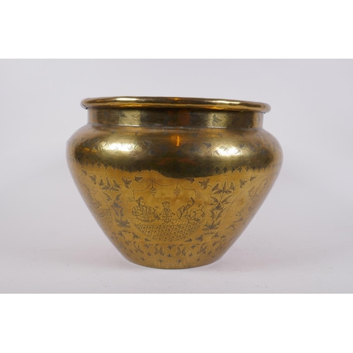 239 - An Indian brass planter with engraved decorative figural panels, and an antique riveted copper bucke... 