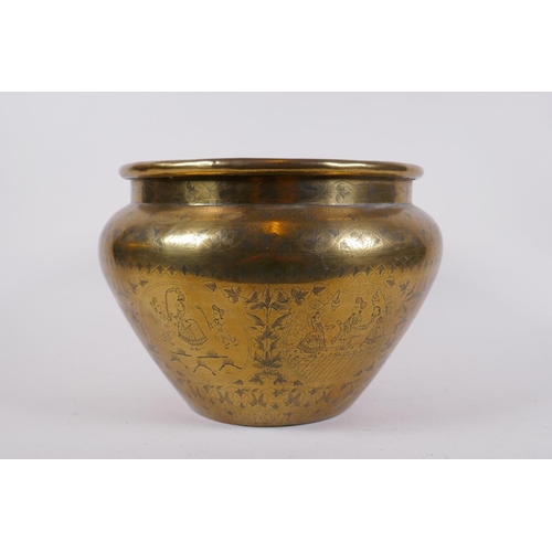 239 - An Indian brass planter with engraved decorative figural panels, and an antique riveted copper bucke... 