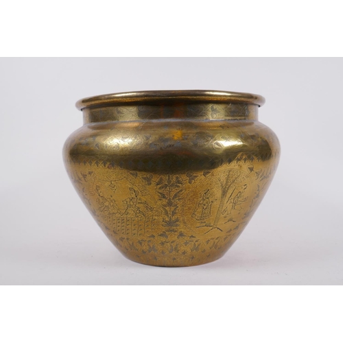 239 - An Indian brass planter with engraved decorative figural panels, and an antique riveted copper bucke... 