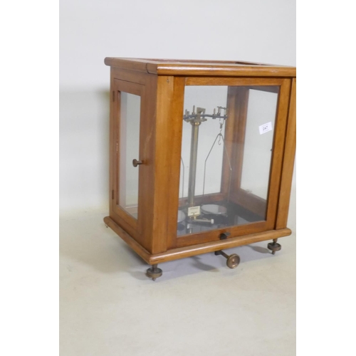 247 - A set of balance scales in a glazed wood cabinet, 43 x 30 x 50cm