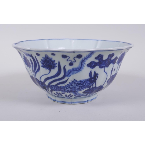 250 - A blue and white porcelain steep sided bowl with lobed rim, decorated with carp in a lotus pond, Chi... 