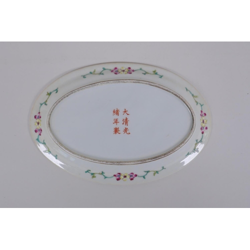 256 - A polychrome porcelain oval dish decorated with birds amongst flowers, Chinese GuangXu 6 character m... 