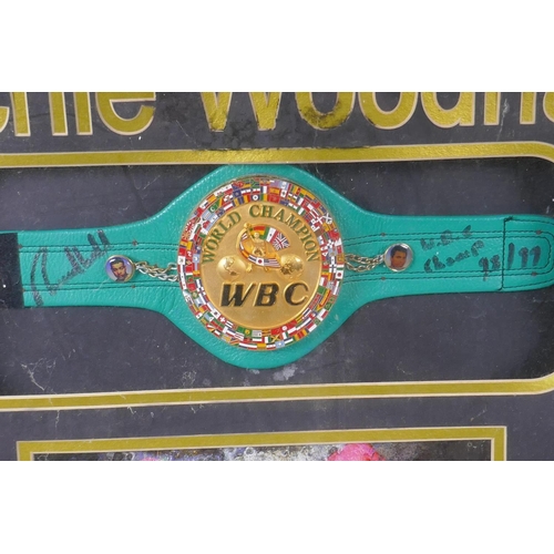 259 - A Richie Woodhall signed replica WBC super-middleweight title Championship belt, in a display frame,... 