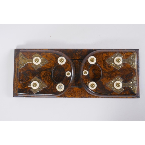 26 - A Victorian papier mache book slide with decorative brass and bone mounts, and painted with a burr w... 
