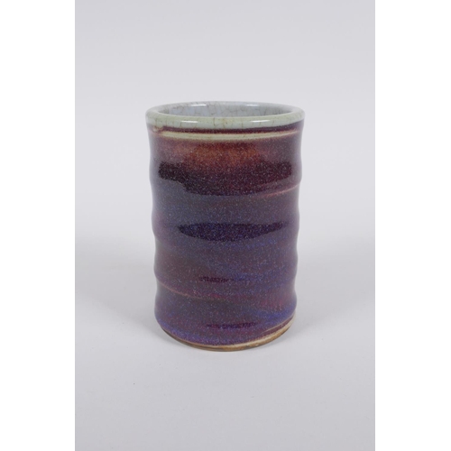 263 - A Chinese crackle ware ribbed brush pot with jun ware style glaze, 12cm high