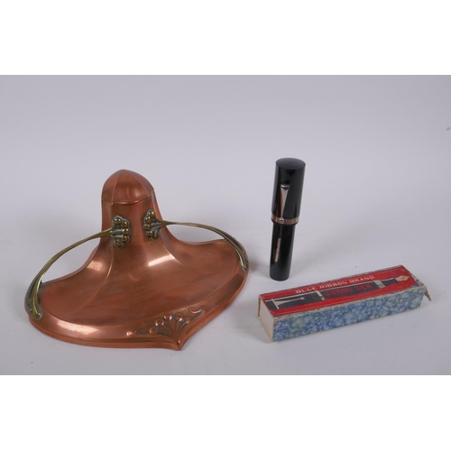27 - A WMF Art Nouveau copper and brass inkwell, and a Blue Ribbon Brand Jumbo fountain pen, inkwell 22 x... 