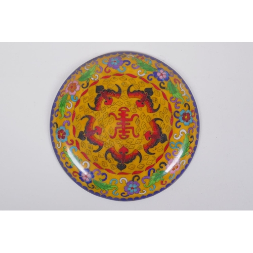 275 - A Chinese cloisonne dish decorated with bats, flowers and auspicious symbols, 20cm diameter