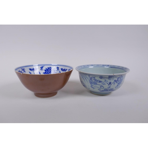 283 - A Chinese blue and white rice bowl decorated with boys flying kites, and a copper glazed rice bowl w... 