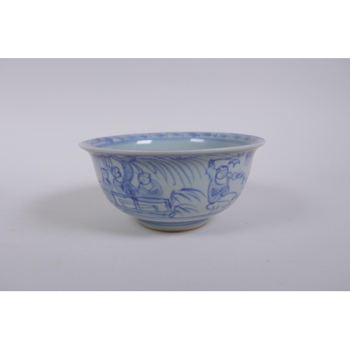 283 - A Chinese blue and white rice bowl decorated with boys flying kites, and a copper glazed rice bowl w... 