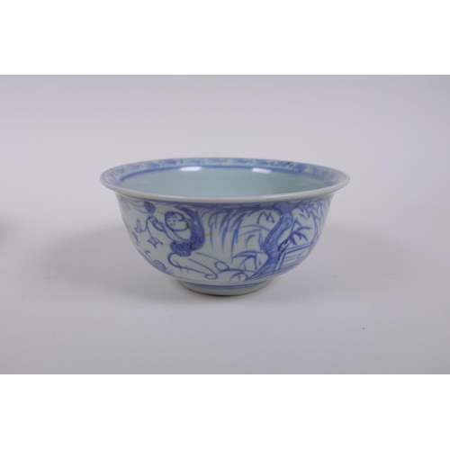 283 - A Chinese blue and white rice bowl decorated with boys flying kites, and a copper glazed rice bowl w... 