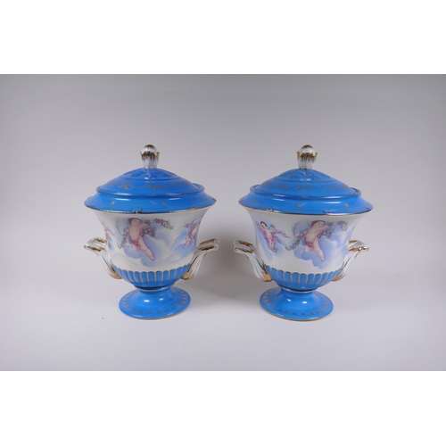 284 - A pair of Sevres style porcelain urns and covers with two handles, decorated with winged putti, 28cm... 