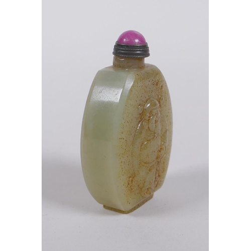 288 - A Chinese celadon jade snuff bottle decorated with objects of virtue and a figure, carved mark to ba... 